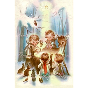 Cyfrowe pobieranie obrazu Kochany mały Jezus Aniołki Cherubiny Renifery Zwierzęta leśne Scena Narodzenia Vintage Boże Narodzenie Do wydrukowania! 1png 1jpg