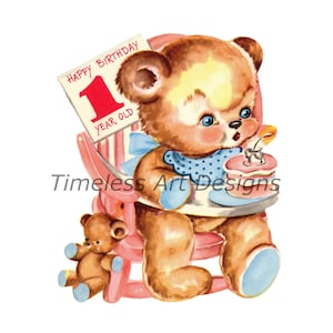 Digitaler Download Bild, niedlichen Teddybär im Hochstuhl bläst Kerze, Babys ersten Geburtstag Karte Bild. Baby Druckbar!