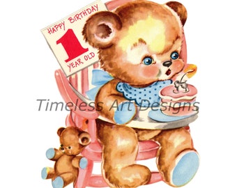 Imagen de tarjeta de primer cumpleaños de osito de peluche, imprimible para bebé (descarga digital)