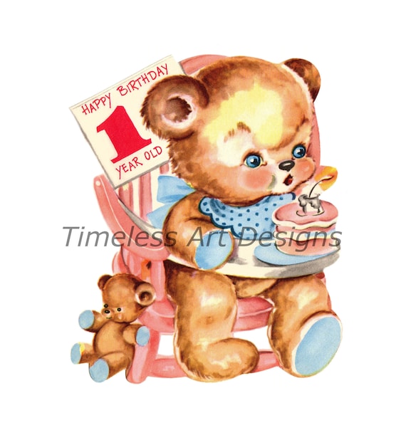 Digital Download Image, Cute Teddy Bear In High Chair Blowing Out Candle,  Baby's First Birthday Card Baby Printable!