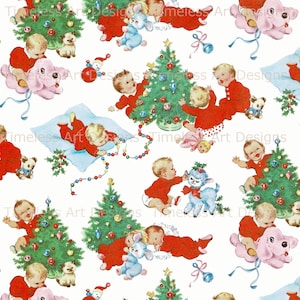 Instant Digital Download Adorable Little Babies, Children On Christmas Morning. Retro Vintage Christmas Wrapping Paper / Wallpaper Image!