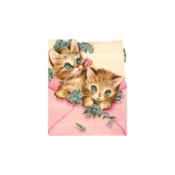 Digital Download Image, Darling Kittens, Kitty Cats Inside A Pink Envelope, Vintage Greeting Card, Vintage Kitten Printable!