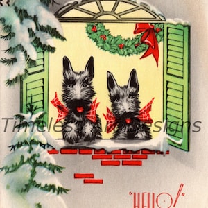 Imagen de descarga digital, lindos perros Scotty Art Deco en una ventana. Tarjeta navideña vintage, ¡Scotty vintage para imprimir!