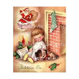 Imagen de descarga digital, lindo niño y cachorro durmiendo junto a la chimenea en la noche de Nochebuena, carta de Papá Noel, imagen de tarjeta navideña vintage.