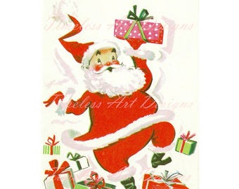 May include: A vintage Christmas card featuring a cartoon Santa Claus in a red suit and white beard, jumping with a red and white polka dot gift box in his hand. The card has the text "Christmastime" at the top and is surrounded by colorful gift boxes.