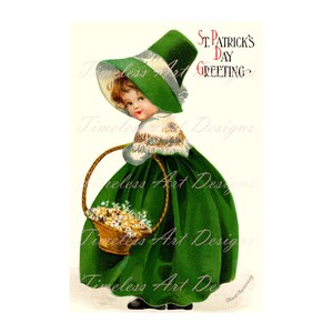 Digital Download Retro St. Patricks Day druckbare Clipart niedlichen irischen Mädchen In grün mit Korb Vintage Grußkarte Grafik Art!