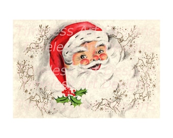 Digitaler Download Bild Lustiges altes Weihnachtsmann-Gesicht, Rentier, Schneeflocken, Vintage Weihnachtskarte. Grußkarte, Santa Printable!