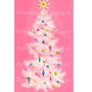 Téléchargement numérique magnifique sapin de Noël rétro des années 1950 sur fond rose, carte de Noël vintage Pinkmas imprimable !
