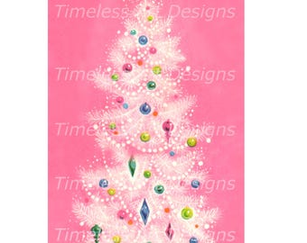 ¡Descarga digital! Hermoso árbol de Navidad retro de los años 50 sobre fondo rosa. ¡Tarjeta navideña vintage Pinkmas imprimible!