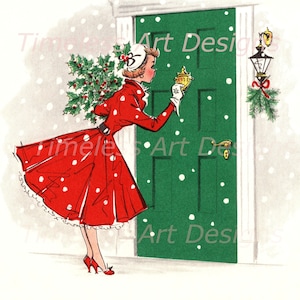 Imagem de download digital para senhora de Natal vintage, linda garota de férias, imagem de cartão de Natal vintage!