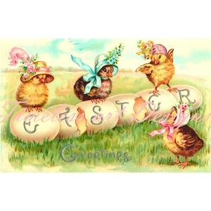 Digital Download Image, Adorable Baby Chicks Wearing Easter Bonnets, Easter Eggs, Vintage Easter Card, Easter Chicks Printable!