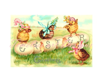 Vintage Easter Card Image, Baby Chicks with Bonnets (Digital Download)