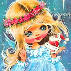 Anjo retrô vintage para impressão, lindo anjinho segurando uma pequena boneca de Papai Noel imagem de download digital, imagem de cartão de Natal vintage!