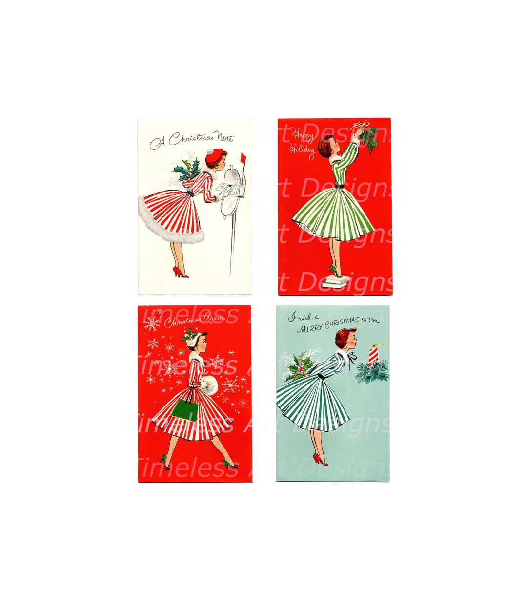Vintage Retro Ladies Printable Digital Download, Pretty Set of 4 Pretty