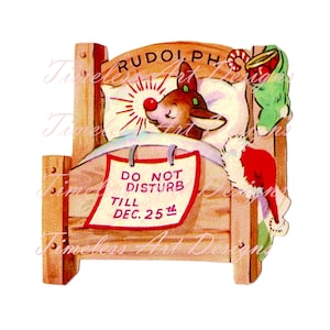 Digitaler Download Niedliche Rudolph das Rentier mit der roten Nase eingeschlafen in seinem Bettchen Vintage Weihnachtskarte-Fallumbau Retro Rentier druckbare!
