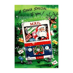 Digitale download Jolly Old kerstman rendier afdrukbare speciale bezorging vakantie postvrachtwagen vintage kerstkaart afbeelding!