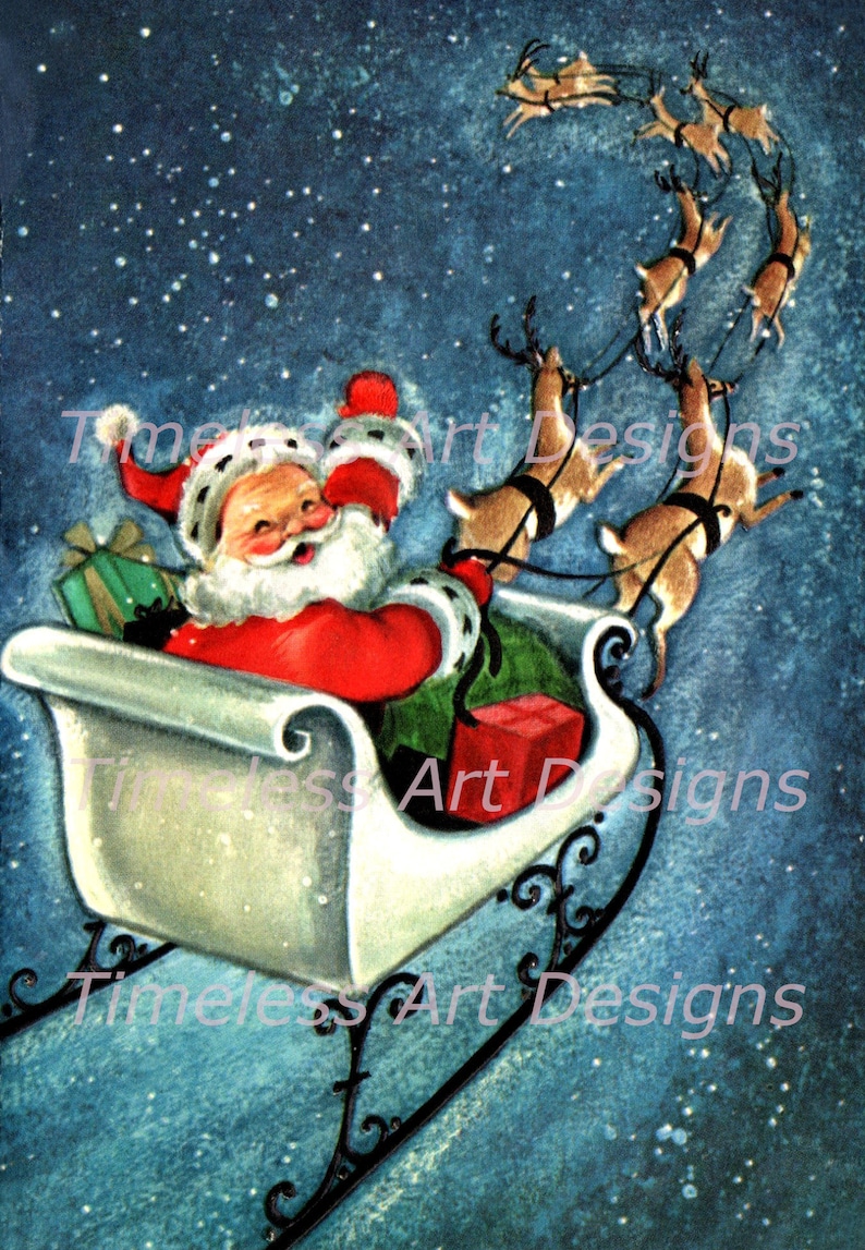 May include: Santa Claus in a red suit and white beard is flying in a white sleigh pulled by reindeer against a blue starry night sky.