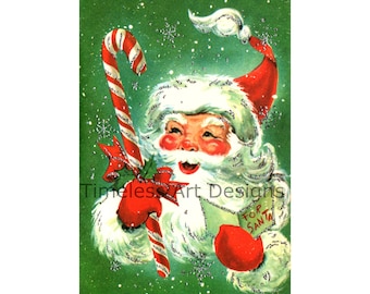 Digital Download Image, Jolly Old Santa Claus, Red Gloves, Candy Cane, Christmas Card. Vintage Christmas Card. Santa Printable.