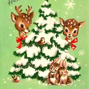 Digitaler Download Bild, Rehkitz, Rentier, Kaninchen & Vögel um einen Weihnachtsbaum. Vintage Weihnachtskarte, Retro Hirsch zum Ausdrucken!
