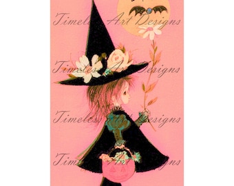 Vintage Retro Halloween Witch Girl Printable (Digital Download)