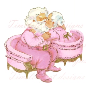 Immagine scaricabile in digitale, Babbo Natale che bacia la mamma Natale, Babbo Natale romantico, immagine della cartolina di Natale rosa vintage, Babbo Natale stampabile!