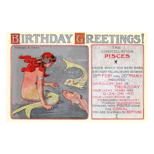 Carte d'anniversaire vintage belle sirène aux cheveux rouges en téléchargement numérique, anniversaire du zodiaque poissons de mars imprimable.