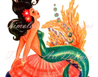 Lámina artística vintage de sirena, mujer sobre concha marina (descarga digital)