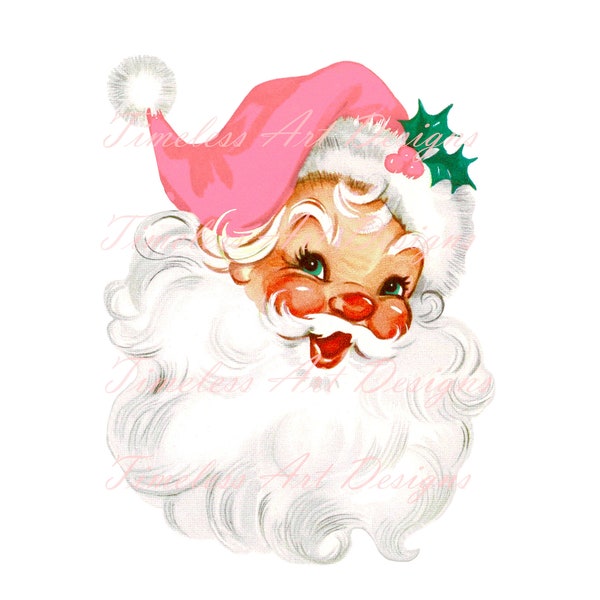 Digital Download Santa Clipart Transparent Background PNG JPG 50s Green Eyes Retro Santa Claus Pink Hat Vintage Printable Christmas Card MCM