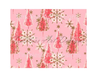 Estampado de árbol de Navidad rosa con copos de nieve, papel de regalo vintage rosa navideño (descarga digital)