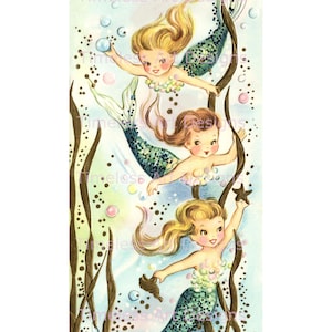 Imagen de descarga digital, sirena vintage imprimible, adorables sirenitas, tarjeta de sirena vintage, gráfico de sirena.