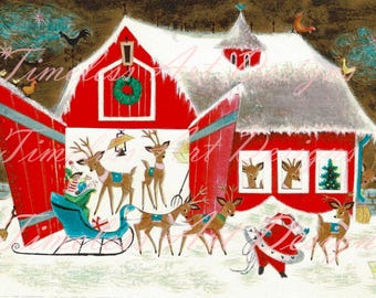 Descarga digital: Imágenes prediseñadas imprimibles de Santa Claus, renos y granero, MCM, gráficos navideños, 1 jpg, 1 png