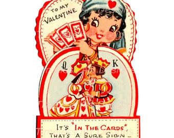 Digital Download Image Cute Fortune Teller Girl Vintage Valentine Card Printable!