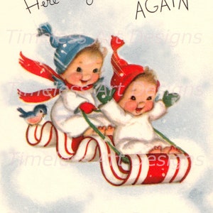 Imagen de descarga digital, adorables angelitos, querubines, trineo de caramelo rojo, tarjeta navideña vintage, ¡ángel navideño imprimible!