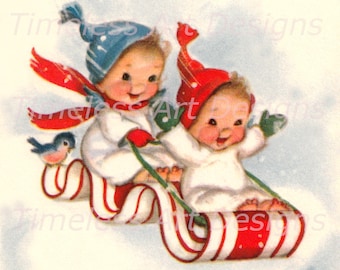 Digitale downloadafbeelding, Darling Baby Angels, engeltjes, rode snoepslee, vintage kerstkaart, kerstengel afdrukbaar!