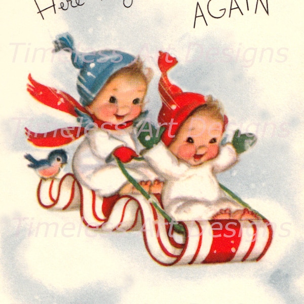 Digital Download Image, Darling Baby Angels, Cherubs, Red Candy Sled, Vintage Christmas Card, Christmas Angel Printable!