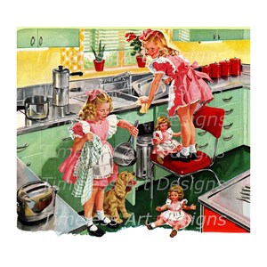 Imagem de download digital de cozinha retrô vintage para impressão, vestidos e aventais rosa de menina doce lavando pratos, bonecas combinando, cachorrinho!