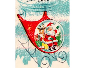 May include: Vintage Christmas card with a red ornament design. Inside the ornament is Santa Claus, a reindeer, and a Christmas tree. The words "Happy Holidays" are written at the top of the card.