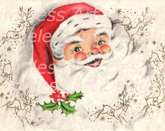 Immagine di download digitale Jolly Old Santa Claus Face, renne, fiocchi di neve, cartolina di Natale vintage. Biglietto d'auguri, Babbo Natale stampabile!