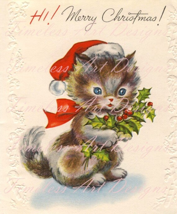Digital Download Image Pretty Little Kitten in A Santa Hat With