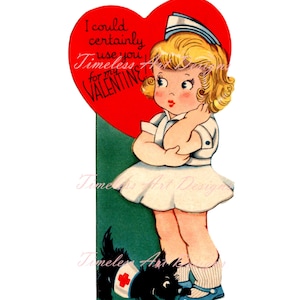 Imagen de descarga digital: adorable enfermera con su perro Scotty, tarjeta de San Valentín retro vintage, gráfico de enfermera, ¡enfermera imprimible!