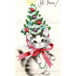 Image en téléchargement numérique chaton mignon chaton chaton portant une image de carte de Noël vintage bonnet d'arbre de Noël !