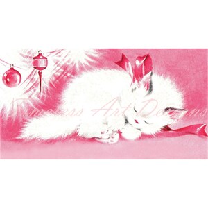 Téléchargement numérique mignon chaton blanc moelleux chaton dormant sous le sapin de Noël, carte de Noël vintage. Chat imprimable. rose vintage.