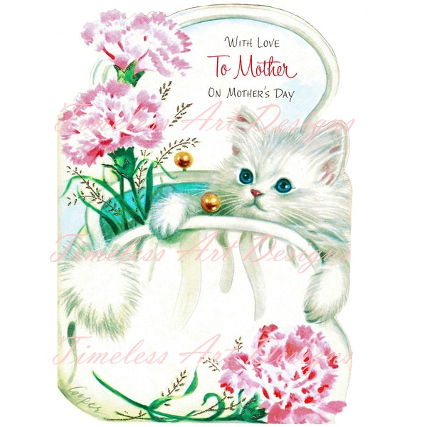 Digital Download Cat Printable Darling Kitten In A Hand Bag Pocket Book Vintage Mothers Day Card Graphic 1 png & 1 jpg