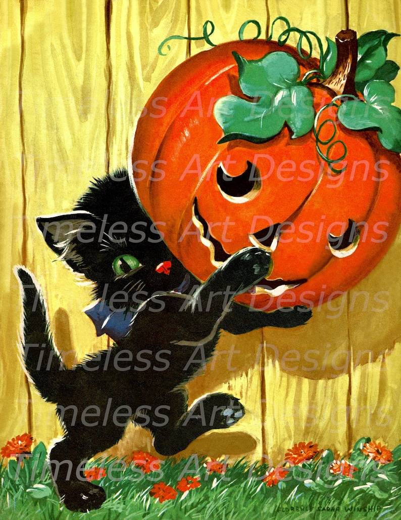 Digital Download Image, Cute Black Kitty Cat With Large Jack O Lantern ...