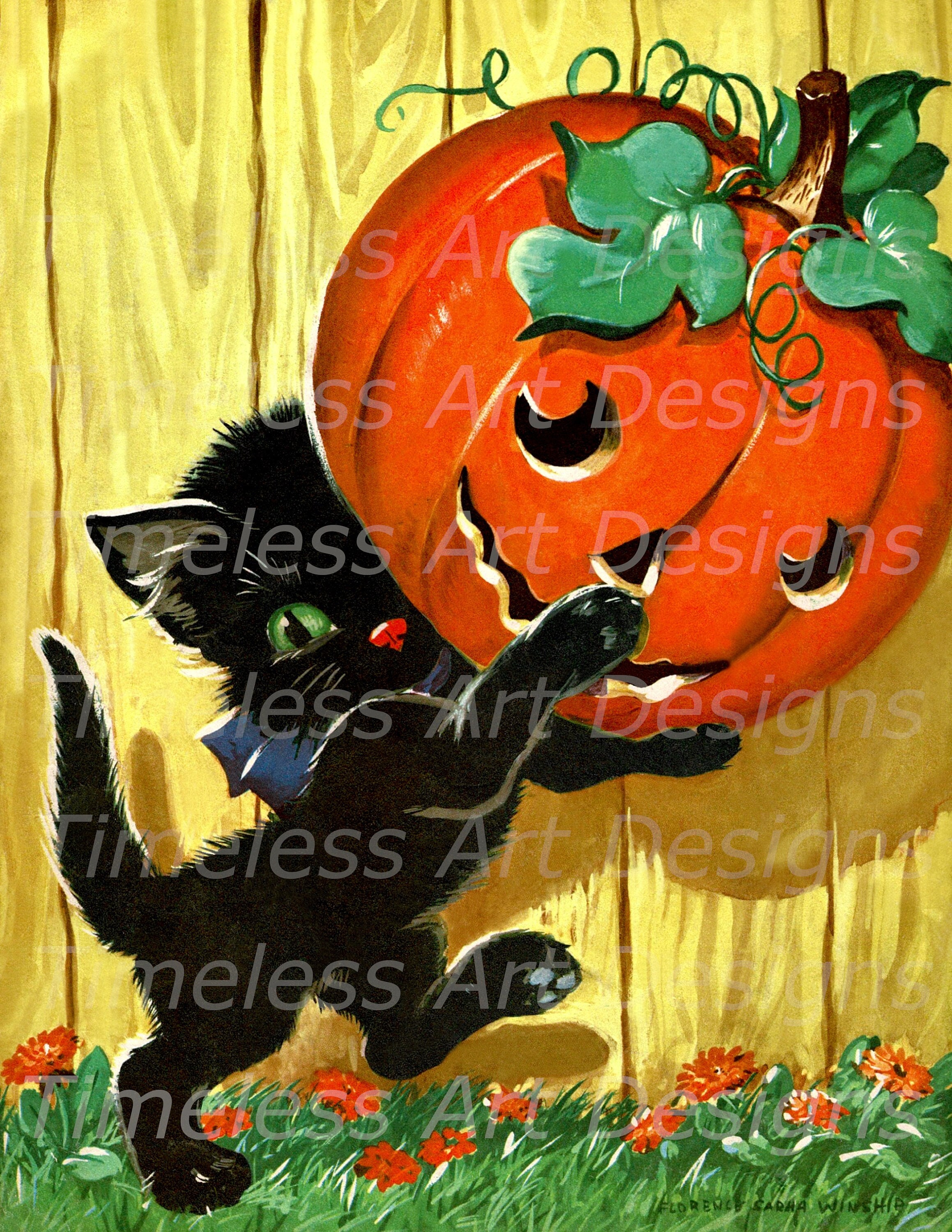 Digital Download Image, Cute Black Kitty Cat With Large Jack O Lantern ...