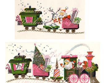 May include: Vintage Christmas card featuring a train with Santa Claus, a reindeer, and a Christmas tree. The train cars are pink and green, with the text "Timeless Art Design" and "Coming Your Way..." on the card.