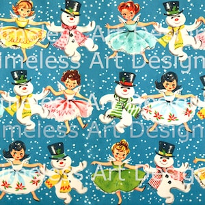 Download digitale immediato, graziose bambine angelo, graziosi pupazzi di neve, pupazzo di neve, carta da regalo natalizia vintage / carta stampabile, immagine di sfondo!