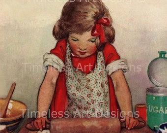 Sweet Little Girl Baking For Thanksgiving Christmas Printable Vintage Printable Digital Download Image Illustration Card Print! 1 jpg. 1 png