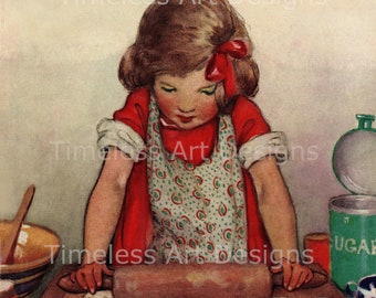 Sweet Little Girl Baking For Thanksgiving/Christmas, Vintage Printable Digital Download Image, Illustration, Card, Print!