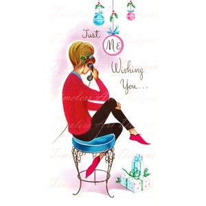 Download digital Retro MCM Holiday Lady Clipart para impressão Linda moça conversando ao telefone Gráfico de cartão de Natal vintage!